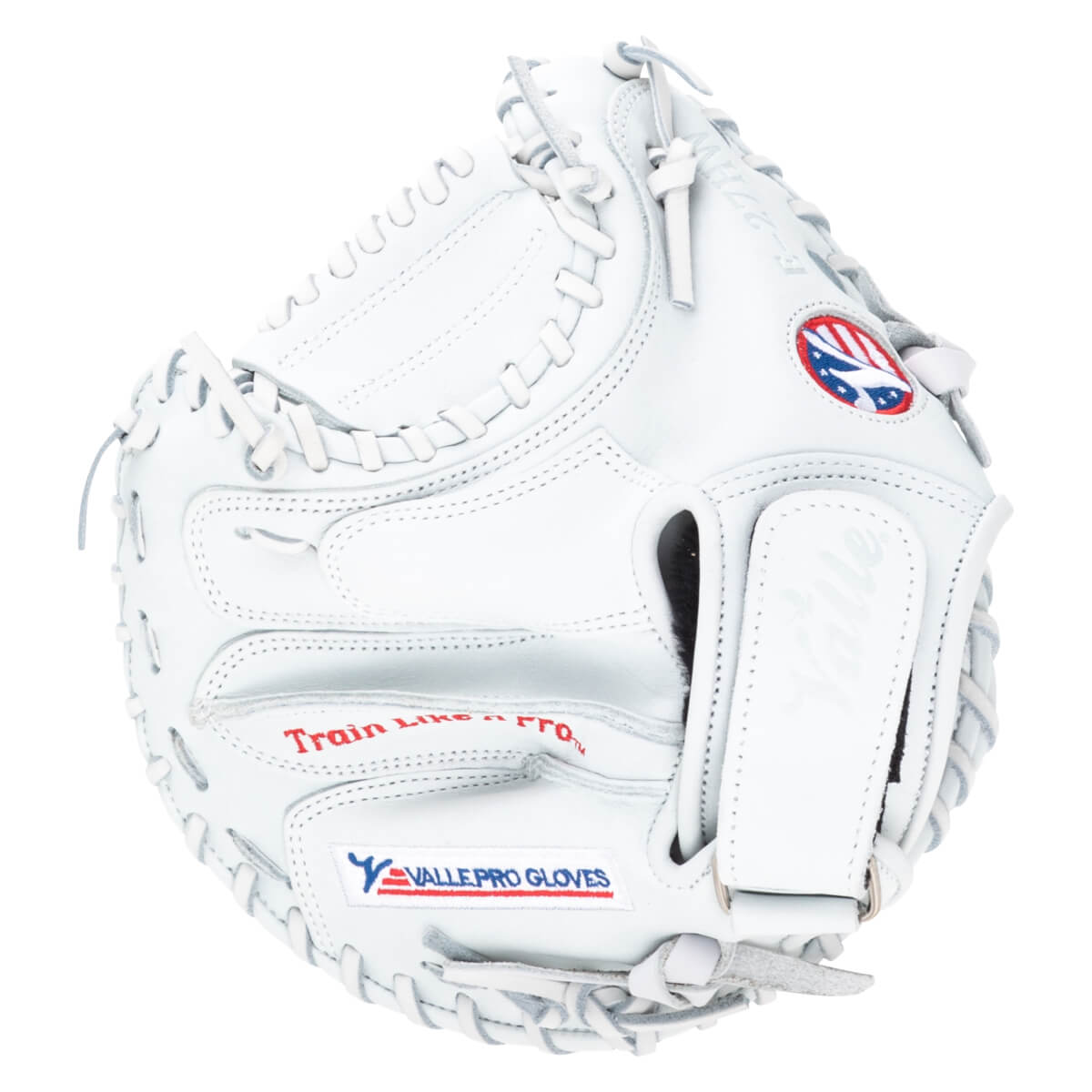 Front view of a white baseball glove with red "Train Like a PRO" text and a "VALLE PRO GLOVES" logo.
