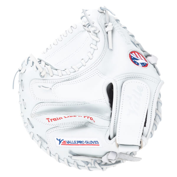 Front view of a white baseball glove with red "Train Like a PRO" text and a "VALLE PRO GLOVES" logo.