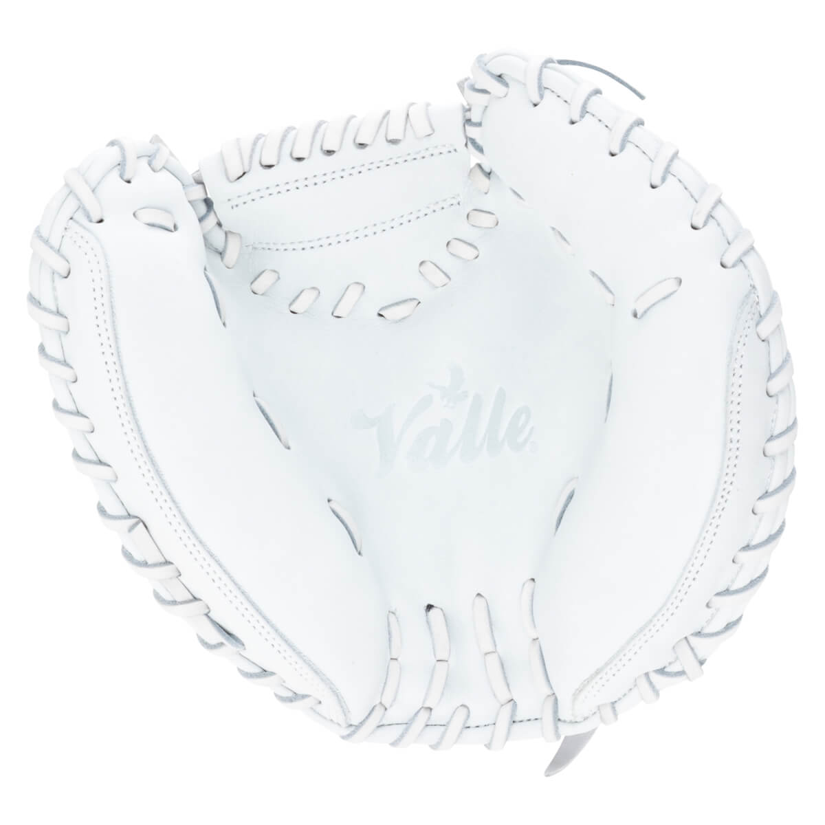 Top-down view of a white baseball glove with "Valle" logo and detailed stitching.