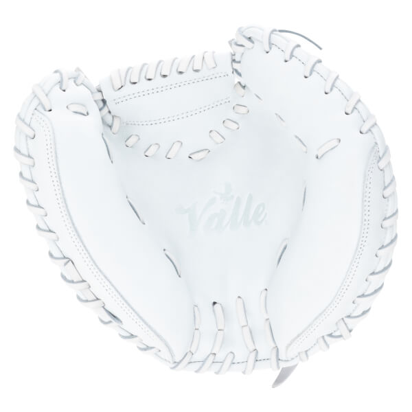 Top-down view of a white baseball glove with "Valle" logo and detailed stitching.