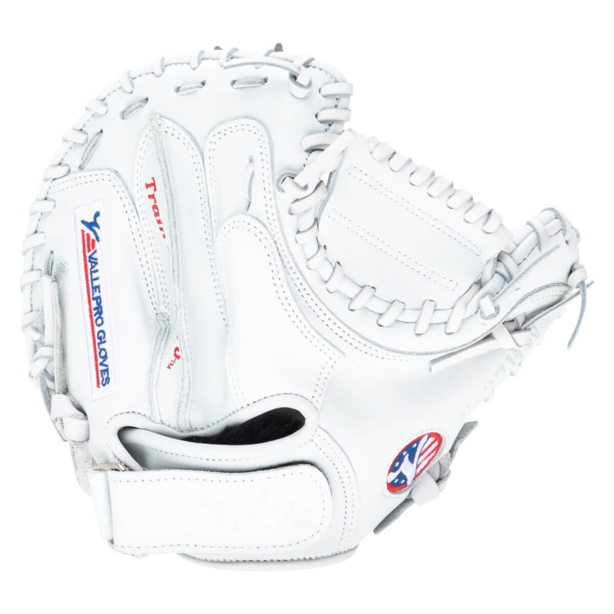 Front view of a white baseball glove with "VALLE PRO GLOVES" and an American flag logo.