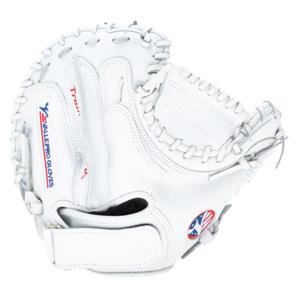 Front view of a white baseball glove with "VALLE PRO GLOVES" and an American flag logo.