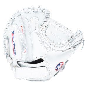 Front view of a white baseball glove with "VALLE PRO GLOVES" and an American flag logo.