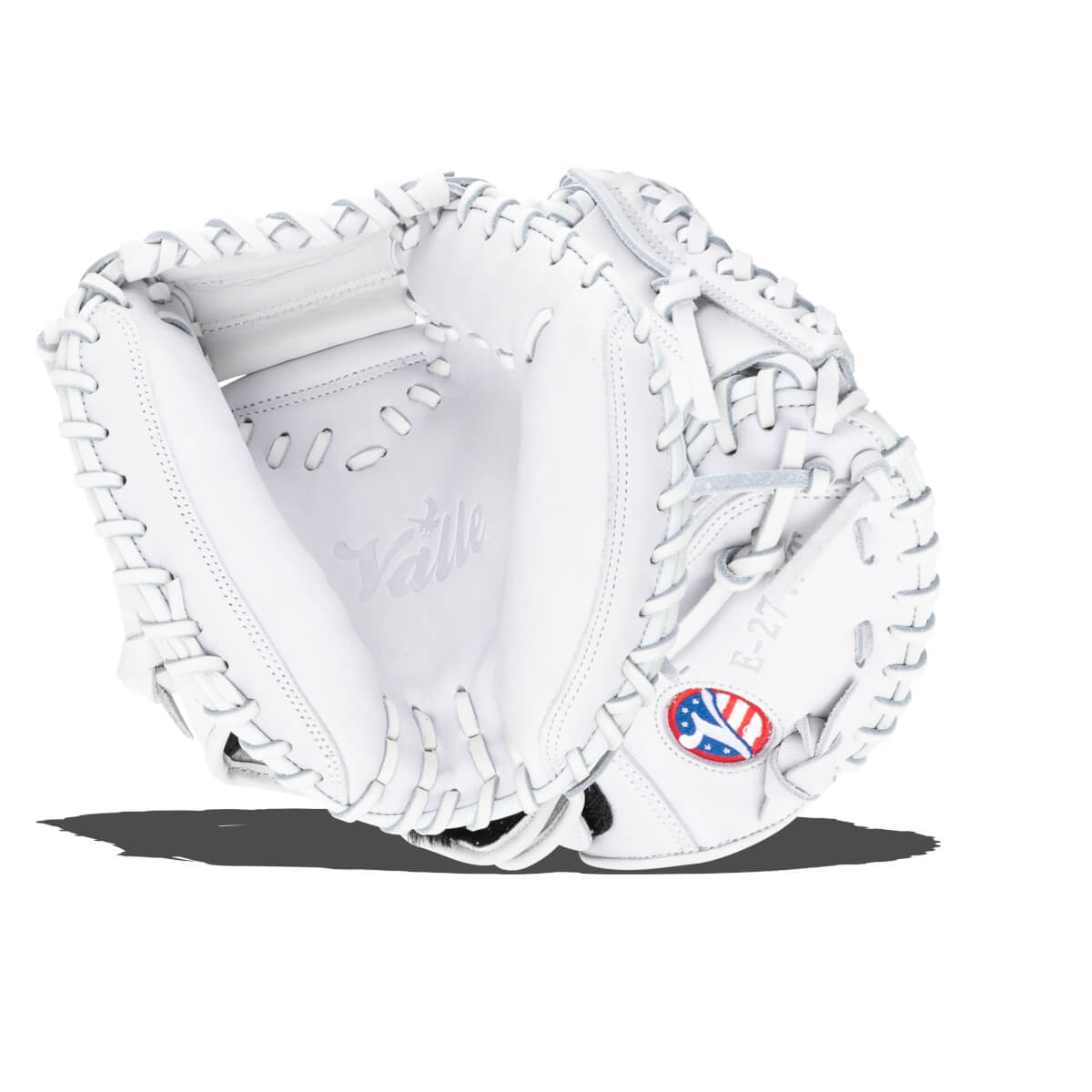 Top-down view of a white baseball glove with "Valle" embossed and an "E-27" model number.