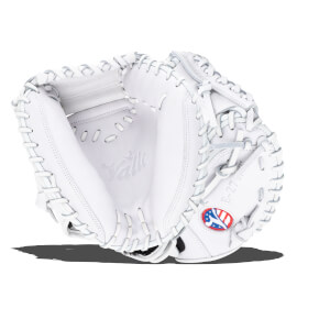 Top-down view of a white baseball glove with "Valle" embossed and an "E-27" model number.