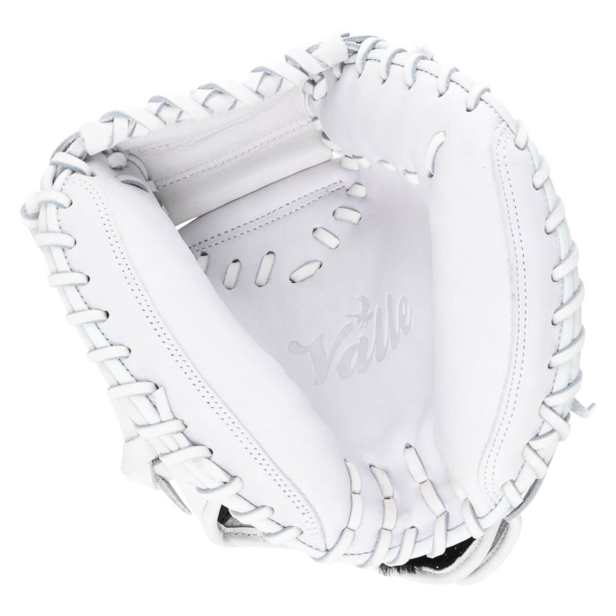 Top-down view of a white baseball glove with "Valle" embossed on the palm and white lacing.