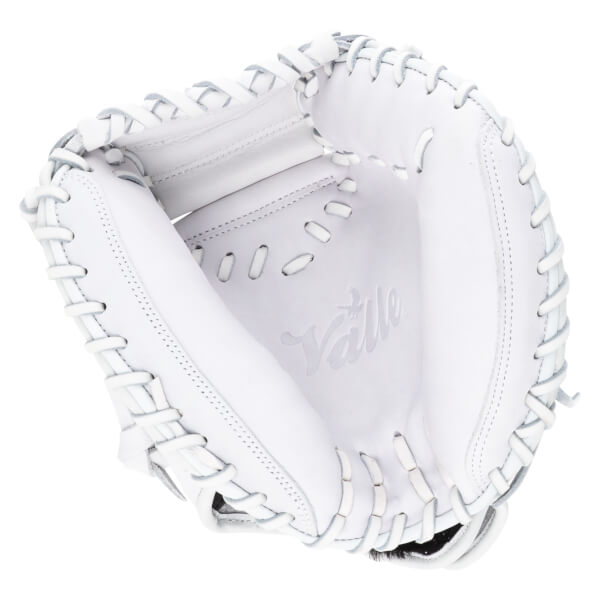 Top-down view of a white baseball glove with "Valle" embossed on the palm and white lacing.