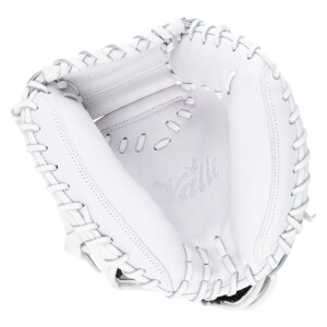 Top-down view of a white baseball glove with "Valle" embossed on the palm and white lacing.