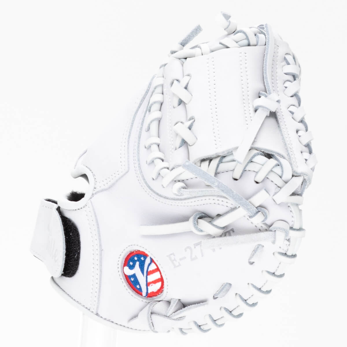 Front view of a white baseball glove with "E-27" and an American flag logo.