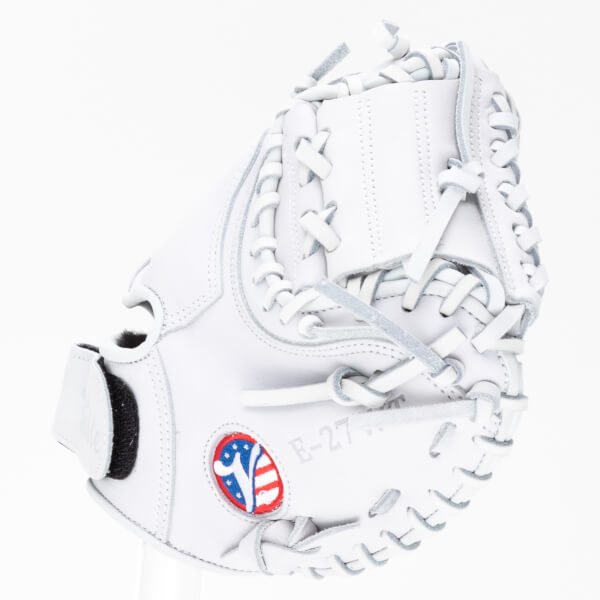 Front view of a white baseball glove with "E-27" and an American flag logo.