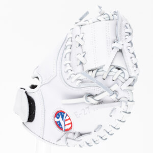 Front view of a white baseball glove with "E-27" and an American flag logo.