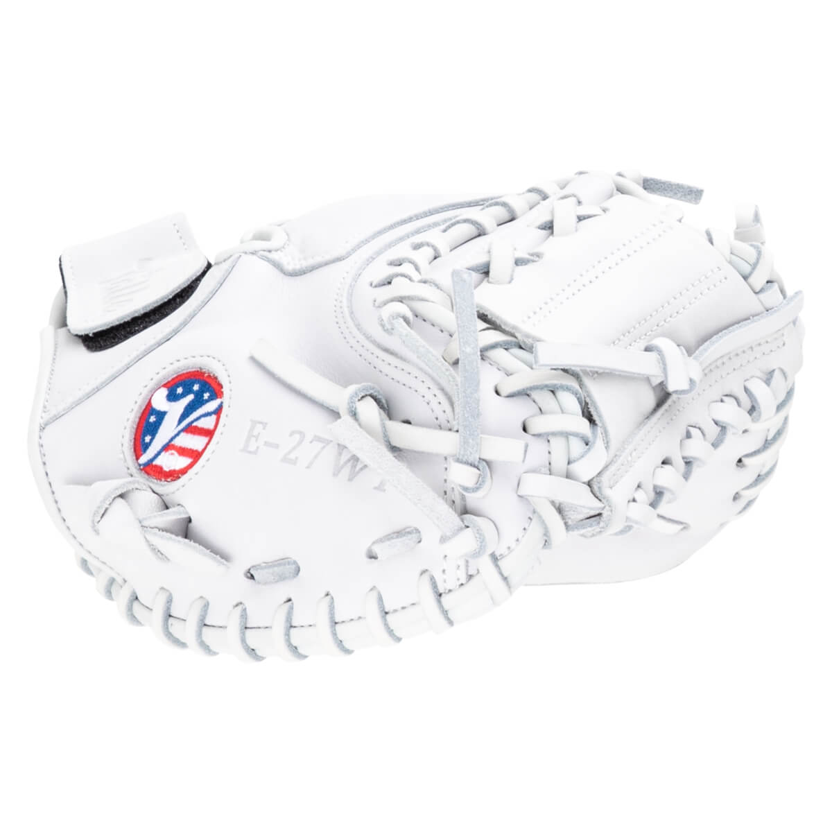 Front view of a white baseball glove with a red, white, and blue logo and "E-27W" text.