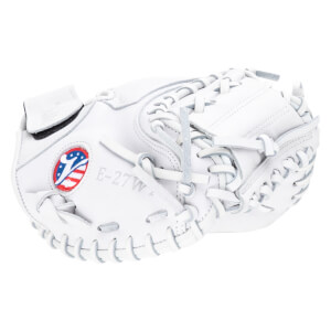 Front view of a white baseball glove with a red, white, and blue logo and "E-27W" text.
