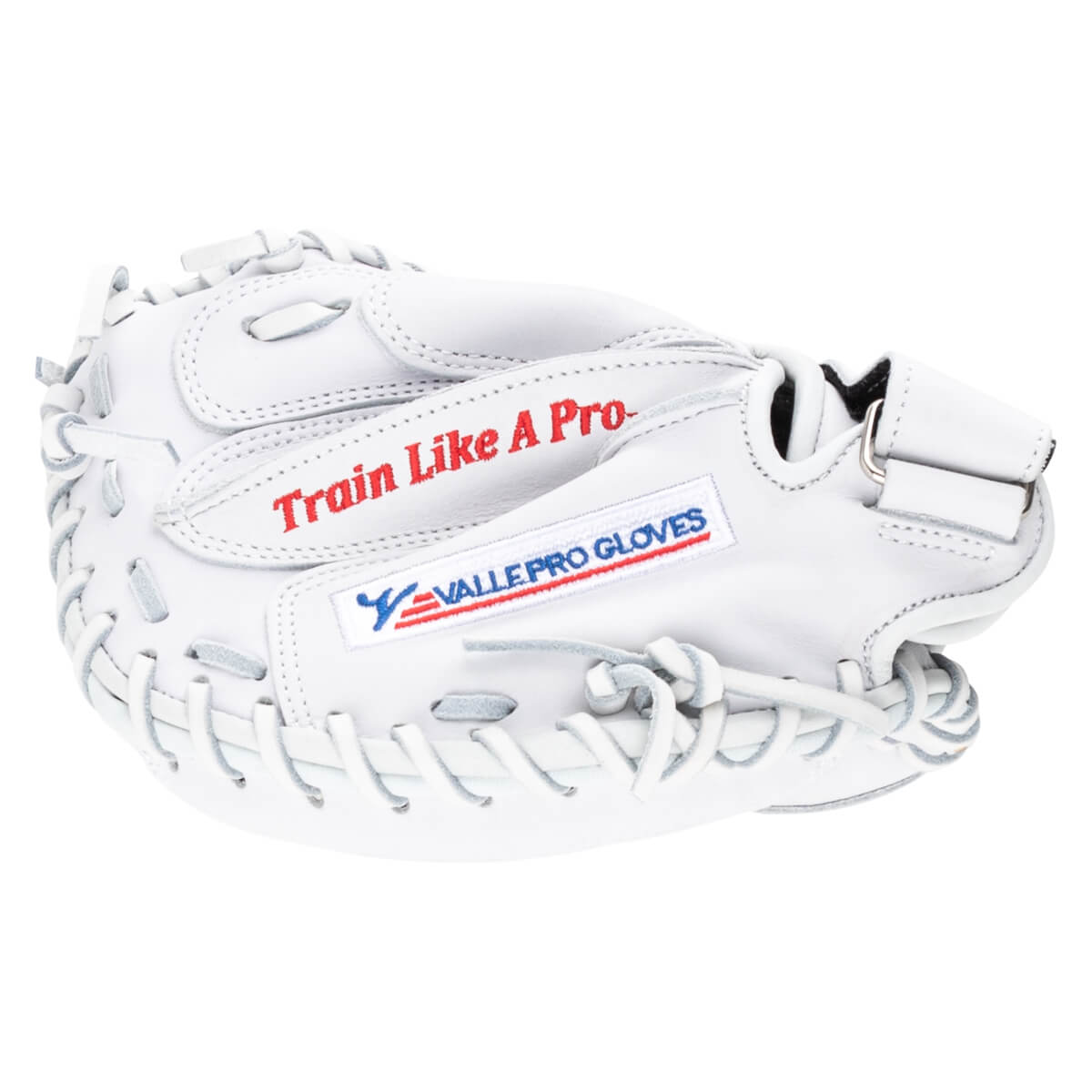 Front view of a white baseball glove with red text "Train Like A Pro" and a "VALLE PRO GLOVES" logo.