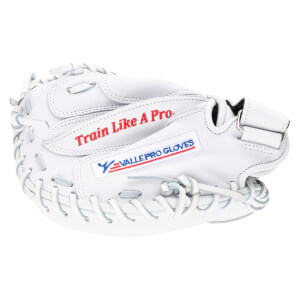Front view of a white baseball glove with red text "Train Like A Pro" and a "VALLE PRO GLOVES" logo.