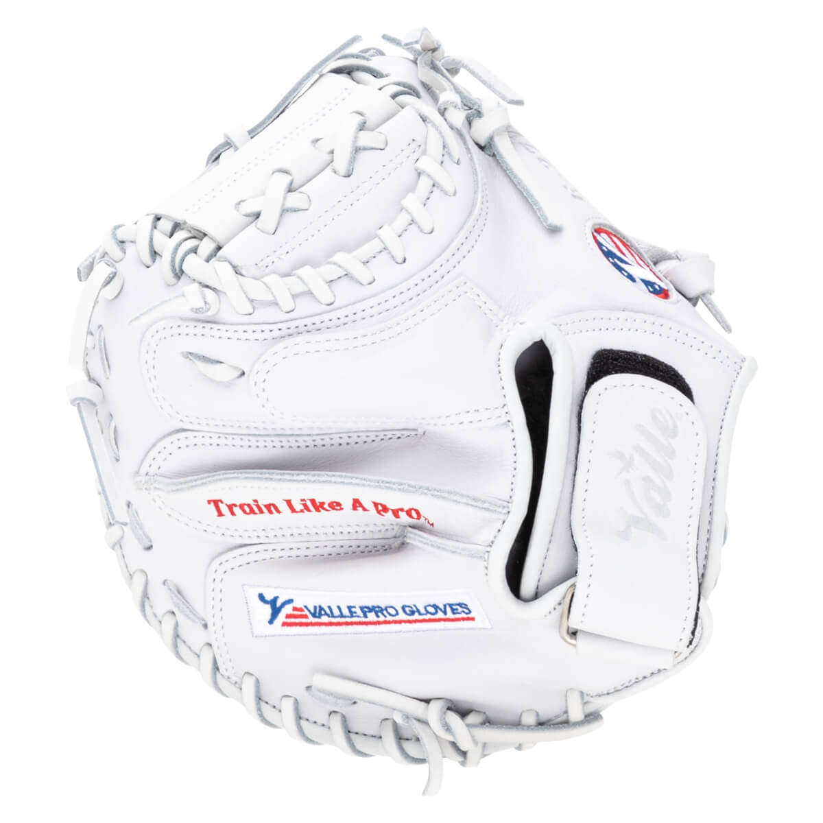 Front view of a white baseball glove with "Train Like A Pro" and "VALLE PRO GLOVES" text.