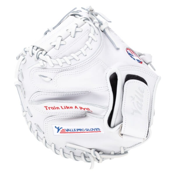 Front view of a white baseball glove with "Train Like A Pro" and "VALLE PRO GLOVES" text.