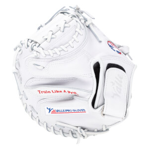 Front view of a white baseball glove with "Train Like A Pro" and "VALLE PRO GLOVES" text.