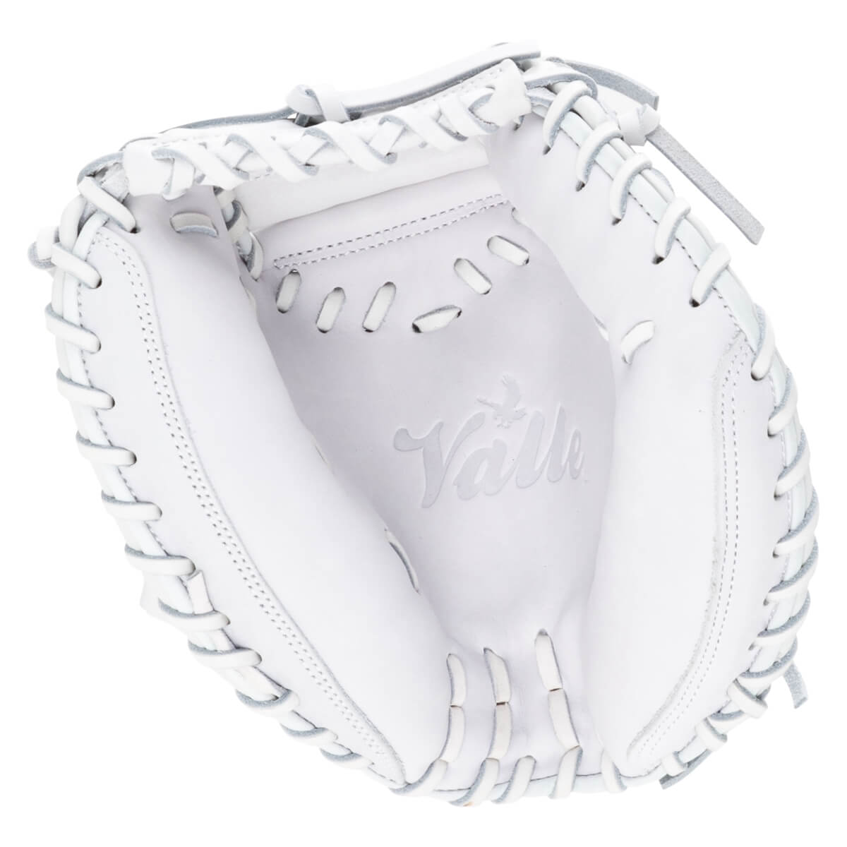 Top-down view of a white baseball glove, showing the "Valle" logo embossed inside the pocket and ventilation holes.
