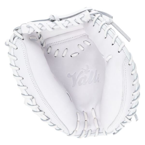 Top-down view of a white baseball glove, showing the "Valle" logo embossed inside the pocket and ventilation holes.