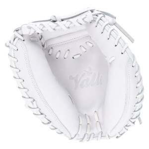 Top-down view of a white baseball glove, showing the "Valle" logo embossed inside the pocket and ventilation holes.
