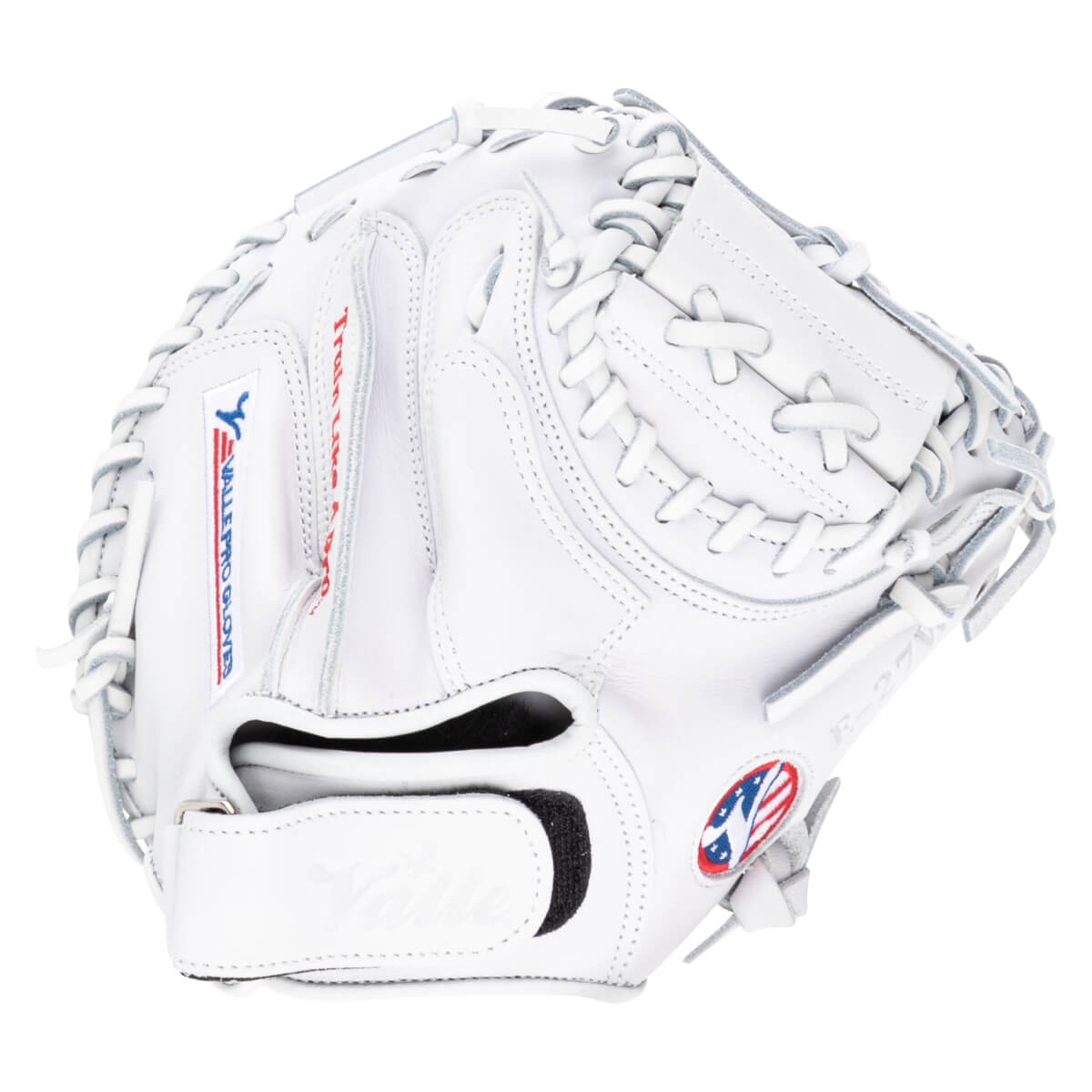Front view of a white baseball glove with "Y" logo, "Train Like A Pro", and "PRO GLOVES" text.