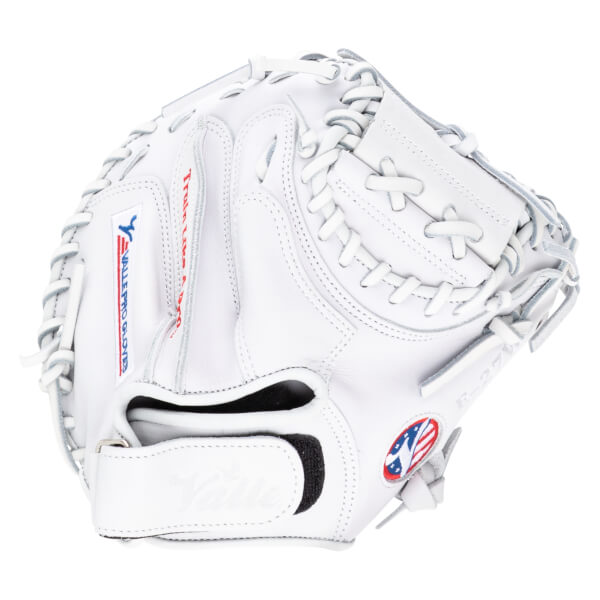 Front view of a white baseball glove with "Y" logo, "Train Like A Pro", and "PRO GLOVES" text.
