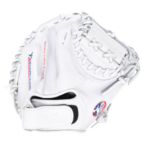 Front view of a white baseball glove with "Y" logo, "Train Like A Pro", and "PRO GLOVES" text.