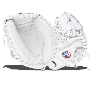 Open view of a white baseball glove showing the "VALLUE" logo and a red, white, and blue emblem.