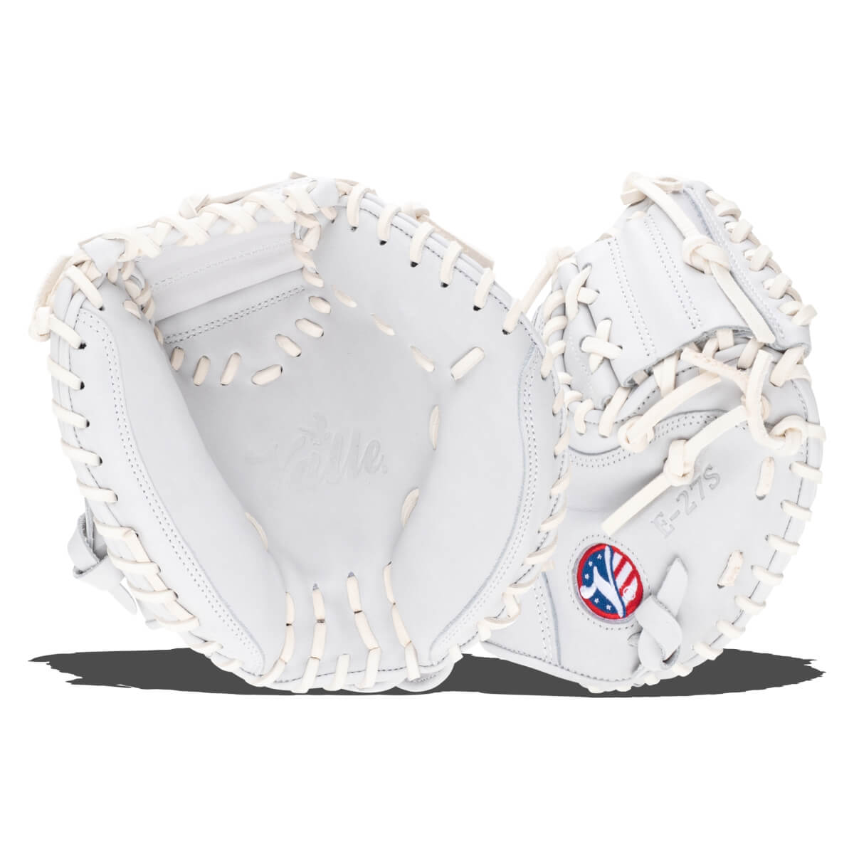 Top-down view of a white baseball glove with "E-27S" and a red, white, and blue logo.