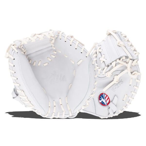 Top-down view of a white baseball glove with "E-27S" and a red, white, and blue logo.