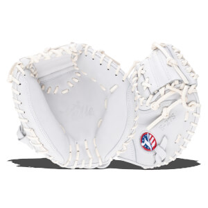 Top-down view of a white baseball glove with "E-27S" and a red, white, and blue logo.