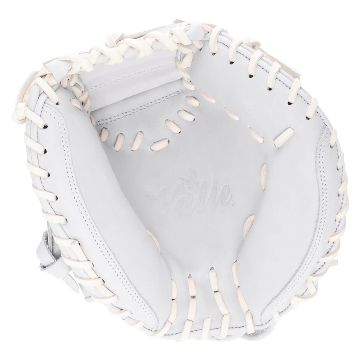 Top-down view of a white baseball glove with white lacing and the embossed "Valle" logo.