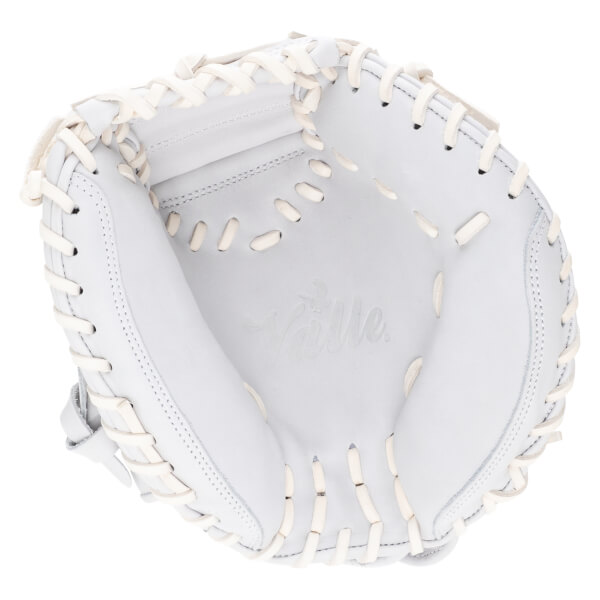 Top-down view of a white baseball glove with white lacing and the embossed "Valle" logo.
