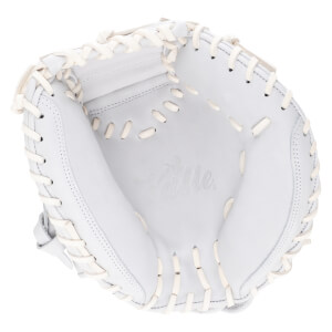 Top-down view of a white baseball glove with white lacing and the embossed "Valle" logo.