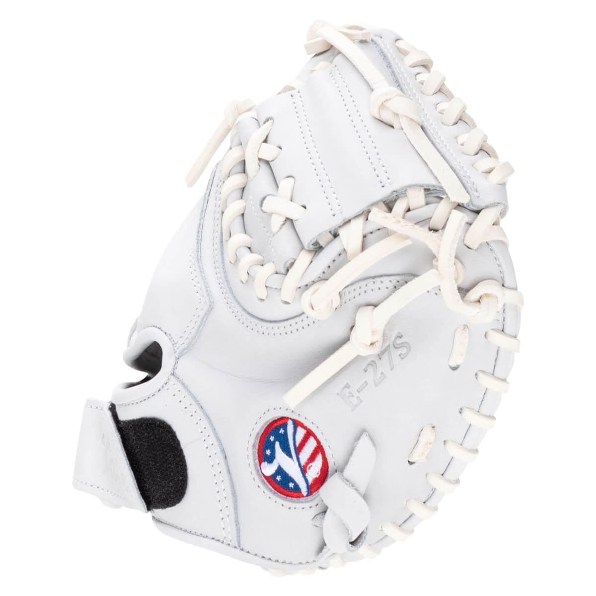 Side view of a white baseball glove with cream lacing, a red, white, and blue logo, and "F-27S" embossed on the palm.