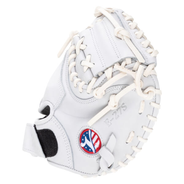 Side view of a white baseball glove with cream lacing, a red, white, and blue logo, and "F-27S" embossed on the palm.