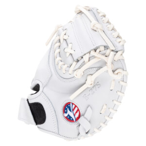 Side view of a white baseball glove with cream lacing, a red, white, and blue logo, and "F-27S" embossed on the palm.