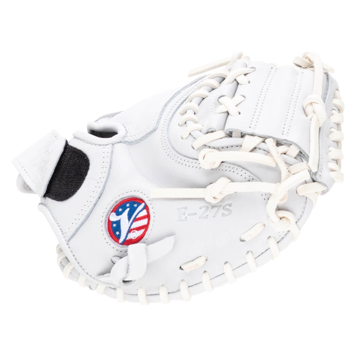 Side view of a white baseball glove with cream lacing, an American flag logo, and "E-27S" embossed on the palm.