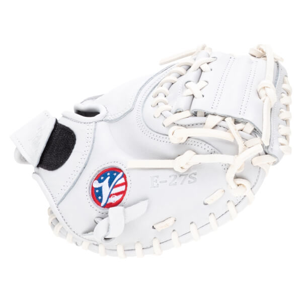 Side view of a white baseball glove with cream lacing, an American flag logo, and "E-27S" embossed on the palm.