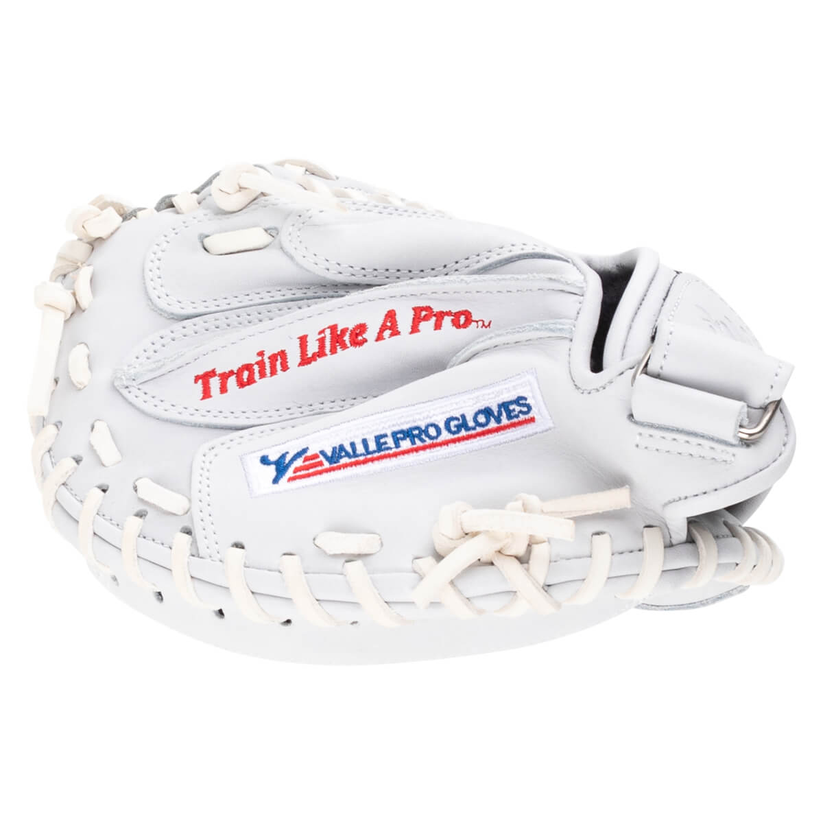 Side view of a white baseball glove with red "Train Like A Pro" text and a "VALLE PRO GLOVES" logo.