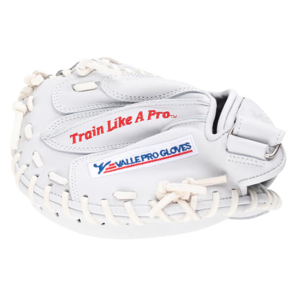 Side view of a white baseball glove with red "Train Like A Pro" text and a "VALLE PRO GLOVES" logo.