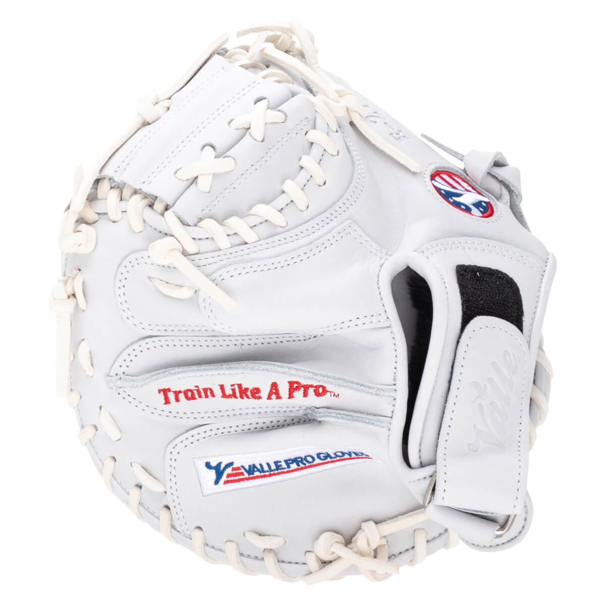 Front view of a white baseball glove with red "Train Like A Pro" text and a "VALLE PRO GLOVE" logo.