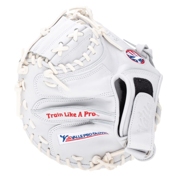 Front view of a white baseball glove with red "Train Like A Pro" text and a "VALLE PRO GLOVE" logo.