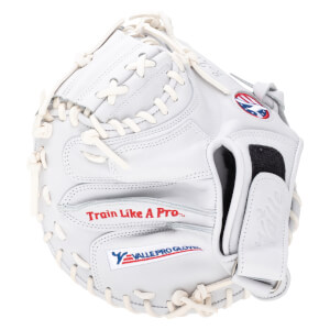 Front view of a white baseball glove with red "Train Like A Pro" text and a "VALLE PRO GLOVE" logo.