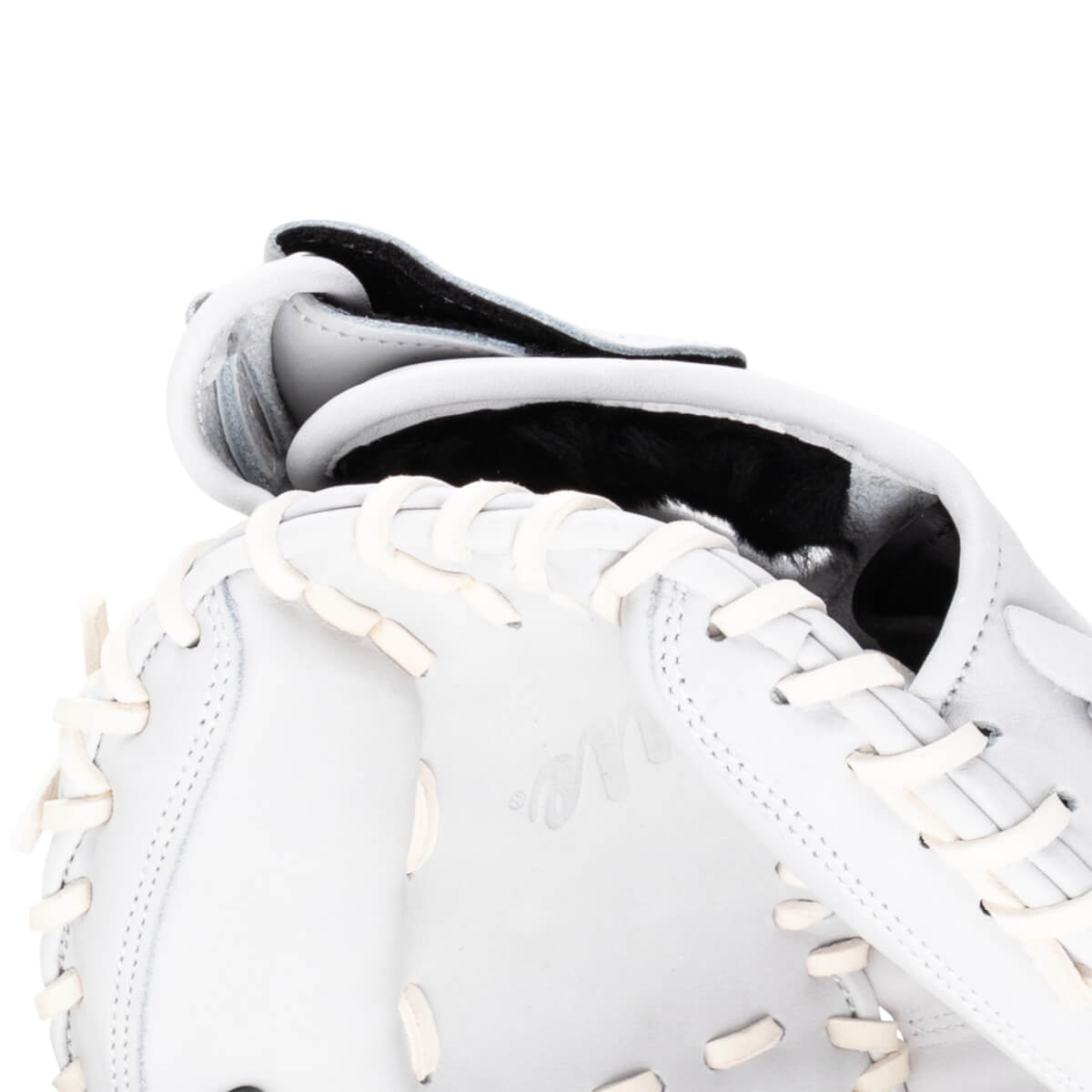 Close-up of a white baseball glove showing the lacing and the "Rawlings" logo.