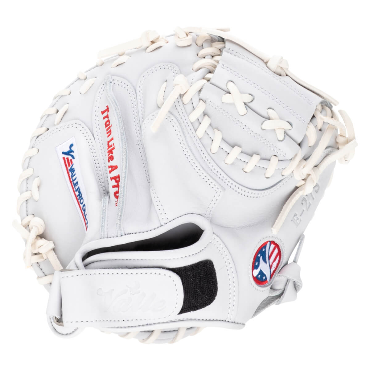 Top-down view of a white baseball mitt with "Train Like A Pro" and "VALLE PRO GLOVE" text.