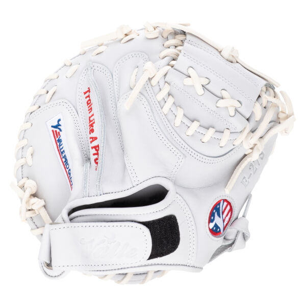 Top-down view of a white baseball mitt with "Train Like A Pro" and "VALLE PRO GLOVE" text.