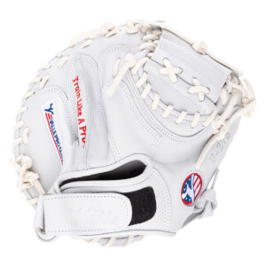 Top-down view of a white baseball mitt with "Train Like A Pro" and "VALLE PRO GLOVE" text.