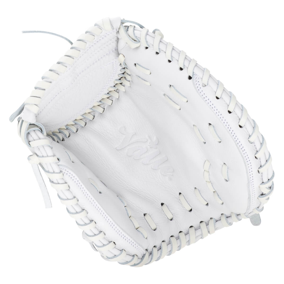 Top-down view of a white baseball glove with "Yaire" embossed on the palm and white lacing.